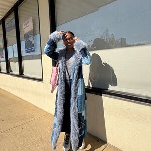 Stylish Blue Patchwork Coat with Faux Fur Trim